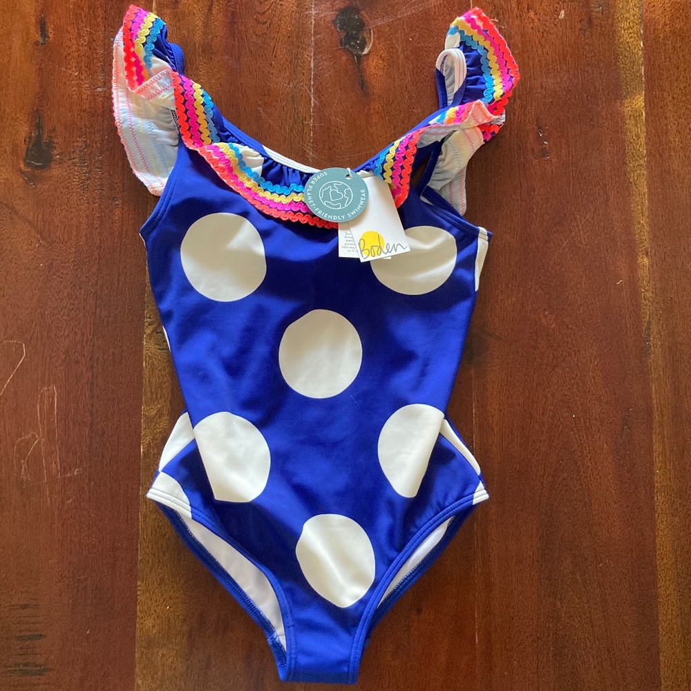NWT Boden Girls Blue & White Polka Dot One Piece Swimsuit